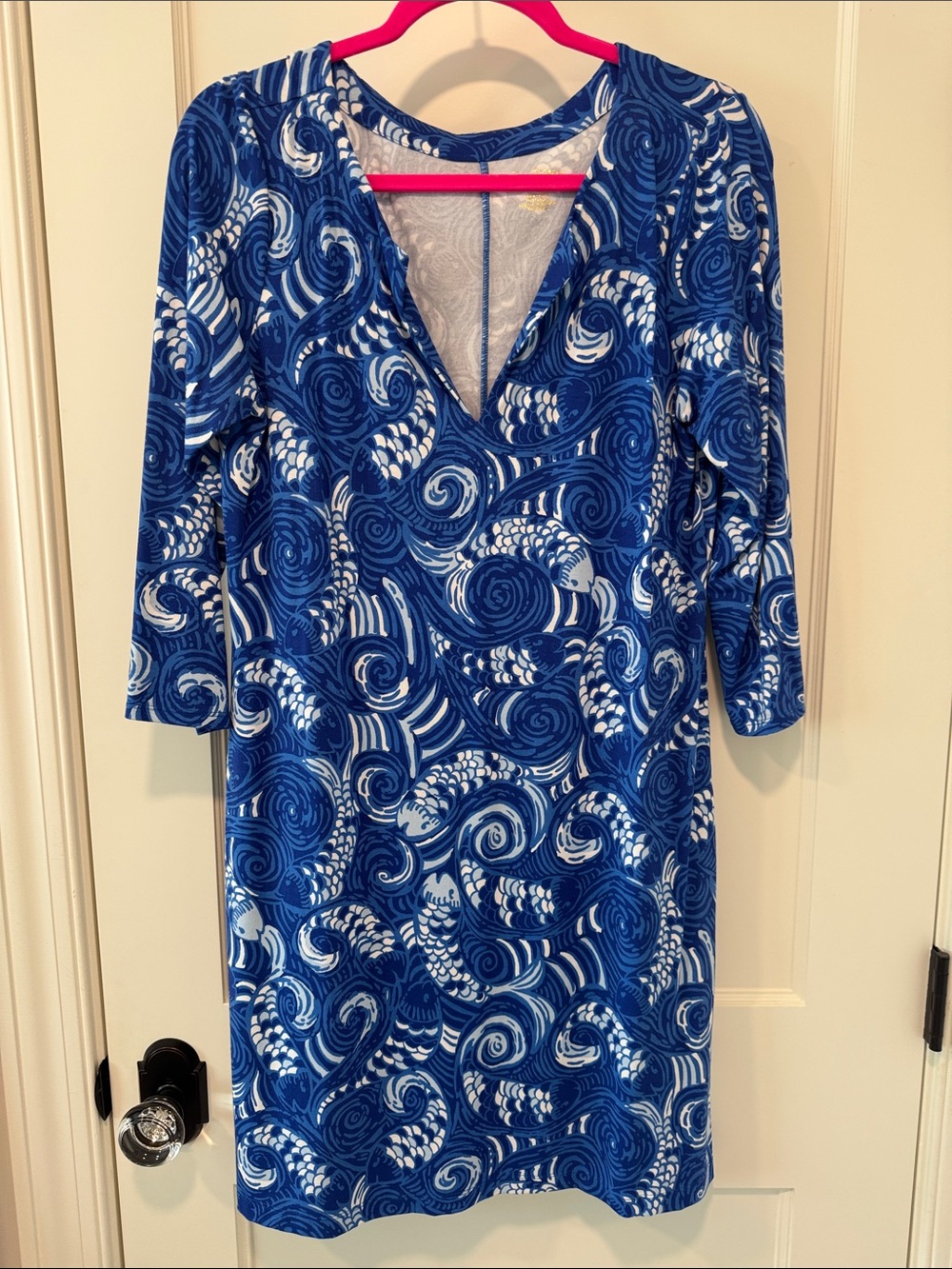 Lilly Pulitzer Blue & White Swirl V-Neck Long Sleeve Dress